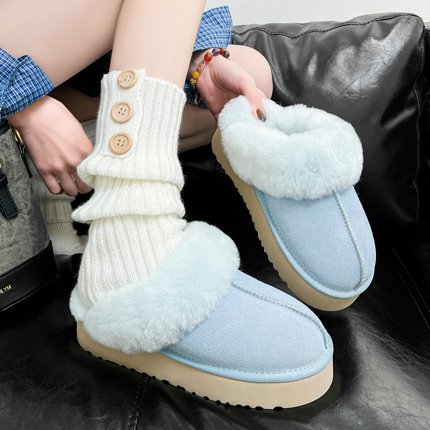 真爱天空冬季毛毛拖鞋女厚底外穿包头雪地靴半拖一脚蹬懶人居家拖