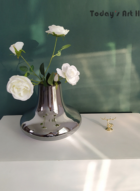 现代简约电镀银色花器轻奢玻璃花瓶餐桌茶几插花样板间客厅摆件
