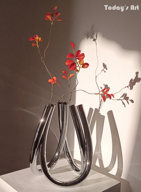 现代轻奢金属管花器银色艺术花瓶客厅电视柜装饰品样板间玄关摆件