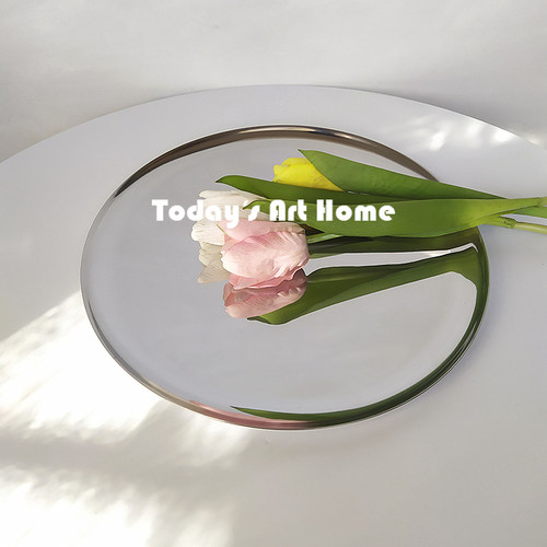 北欧简约镜面不锈钢银色摆件托盘