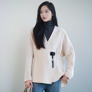 2025新款秋冬赫本风双面羊绒大衣女短款小个子无领设计感毛呢外套