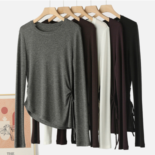 设计感不规则下摆长袖针织衫女可机洗天丝羊毛开叉上衣T恤打底衫