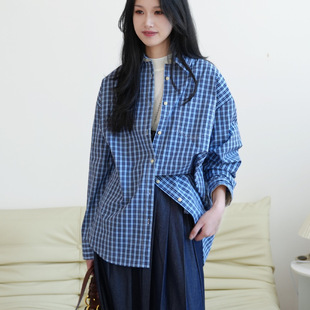 新款春季韩系慵懒风格子衬衫女士100%长绒棉翻领衬衣宽松显瘦上衣