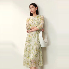2025新款夏季6A级真丝乔其纱印花连衣裙/衬衫上衣女V领系带长裙子