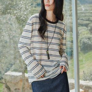 春夏MIU风竹节麻条纹长袖T恤女