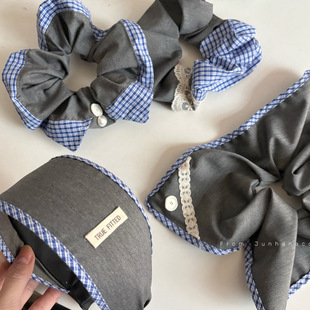 甜美少女复古蓝格纹大号灰色发圈级感蕾丝方巾马尾头绳发箍头箍发