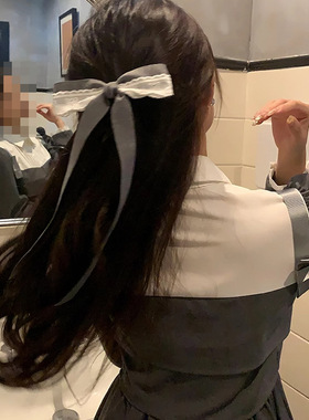 质感格雷系灰色蕾丝拼接蝴蝶结发夹女气质飘带半扎发鸭嘴夹发饰