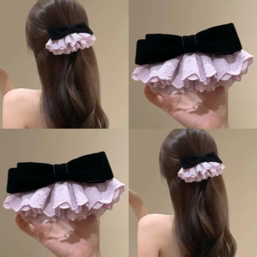 紫色蕾丝丝绒蝴蝶结发夹女气质低马尾弹簧夹半扎发夹子头发饰