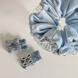 韩国牛仔蓝发夹天鹅绒大肠发圈水钻珍珠碎发发绳蝴蝶结蓝色毛线发