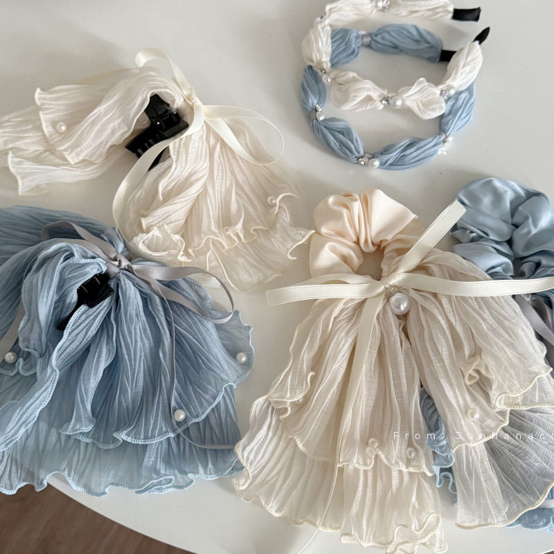 蓝色褶皱布艺珍珠蝴蝶结发夹双层超大发圈清新甜美木耳边发箍发饰