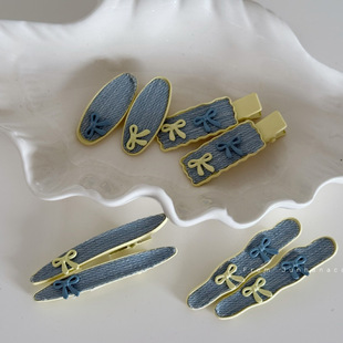 复古牛仔蓝发夹女蝴蝶结黄色侧边刘海夹子高级感碎发鸭嘴夹