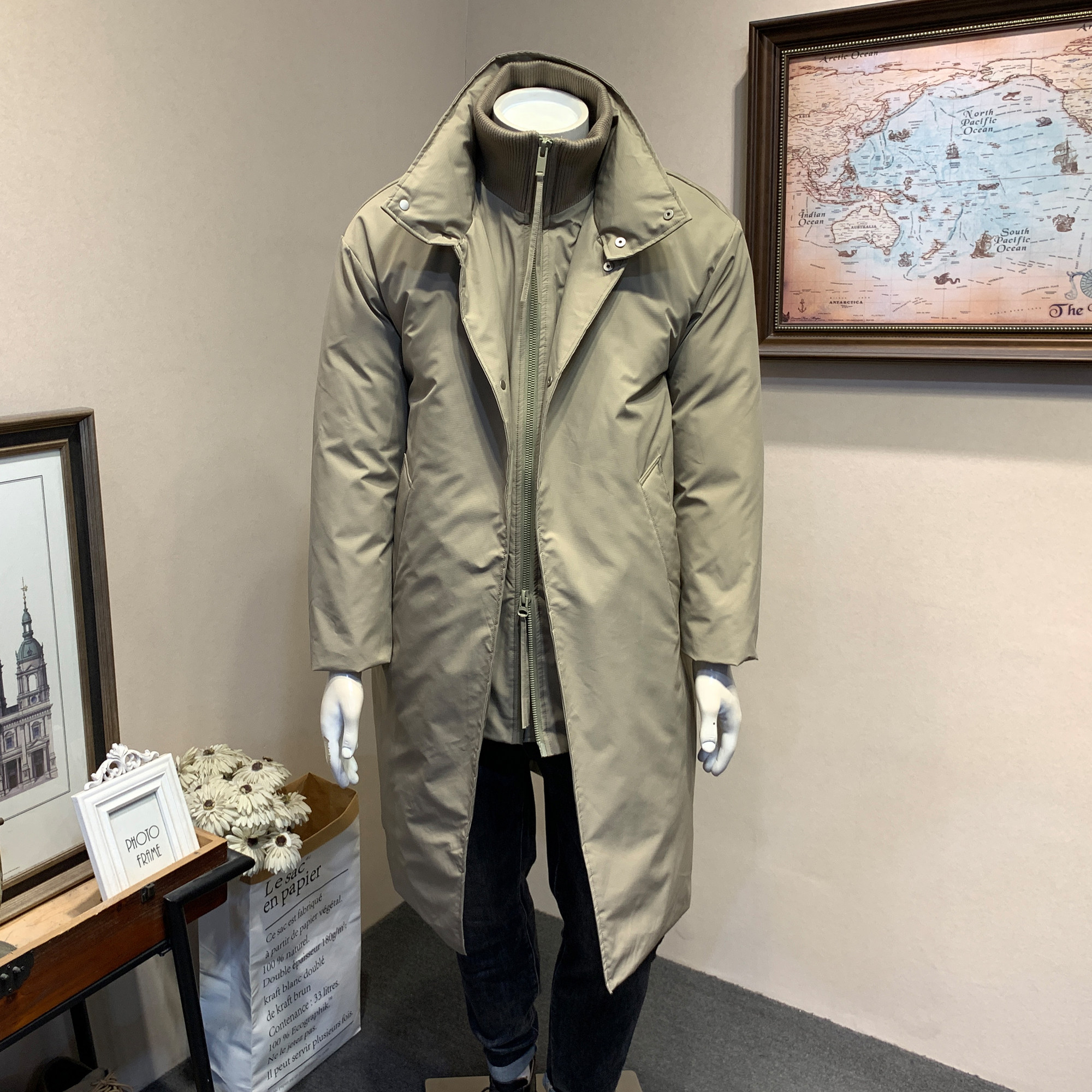 GUZAI【90白鸭绒】冬季风衣式长款假两件羽绒服男士过膝保暖外套,男装,羽绒服,淘宝优惠券,粉丝福利购,淘宝优惠卷