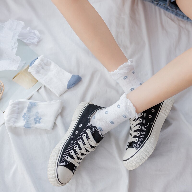 白色袜子女中筒袜ins潮夏季薄款可爱日系花边卡丝网眼透气长筒袜