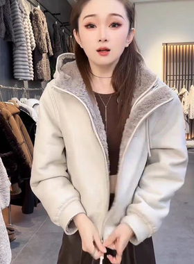 欧美风皮毛一体双面穿连帽短款外套女加厚保暖夹克衫白色显瘦皮草