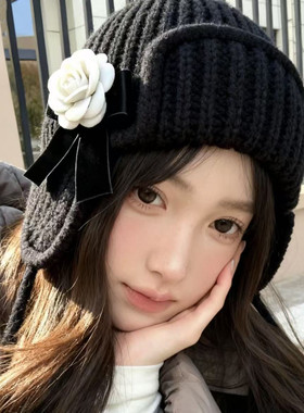 【哥特甜妹】法式复古山茶花针织护耳帽女秋冬保暖黑色毛线雷锋帽
