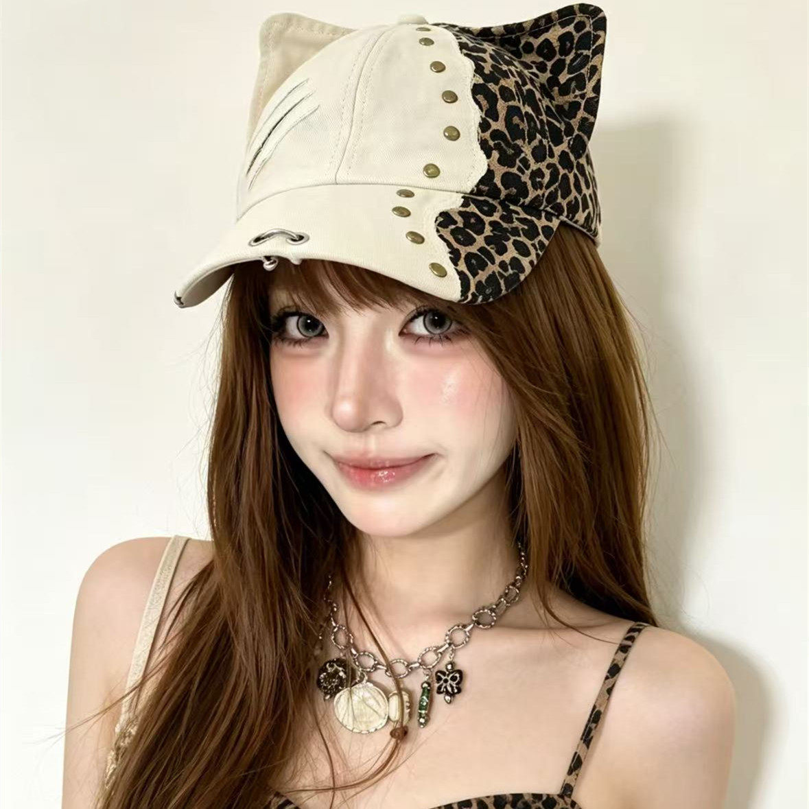 千禧辣妹野性甜酷豹纹拼色猫耳帽女铆钉金属环棒球帽朋克风鸭舌帽