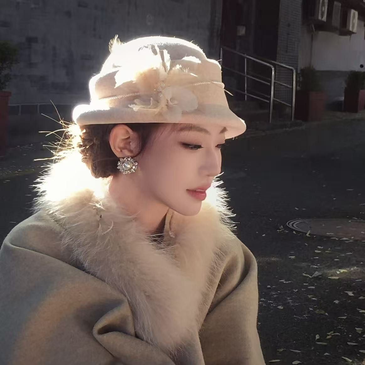 【昭和旧梦】民国千金风羽毛珍珠装饰羊毛礼帽女秋冬法式复古盆帽