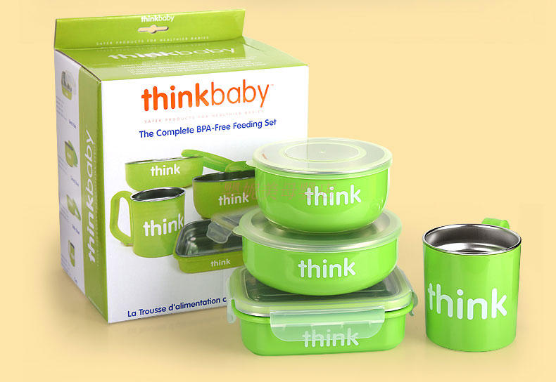 Thinkbaby辛克宝贝 双层隔热不锈钢餐具4件套 宝宝儿童碗 多色