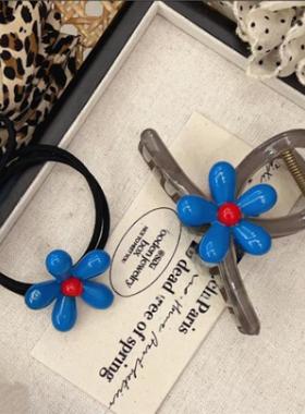 韩版秀气蓝色小花盘发抓夹高级感气质时尚甜美网红发夹发圈