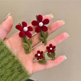 小红花植绒花朵发夹女秋冬抓夹侧边夹刘海夹鸭嘴夹子头饰新款发卡