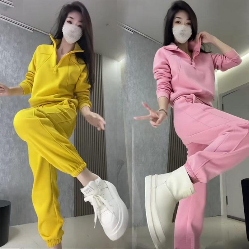 冬季加绒加厚休闲运动卫衣套装女