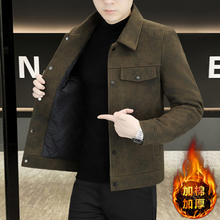 冬天青年男士夹克秋冬季新款加绒加厚外套潮流翻领冬装纯色上衣服