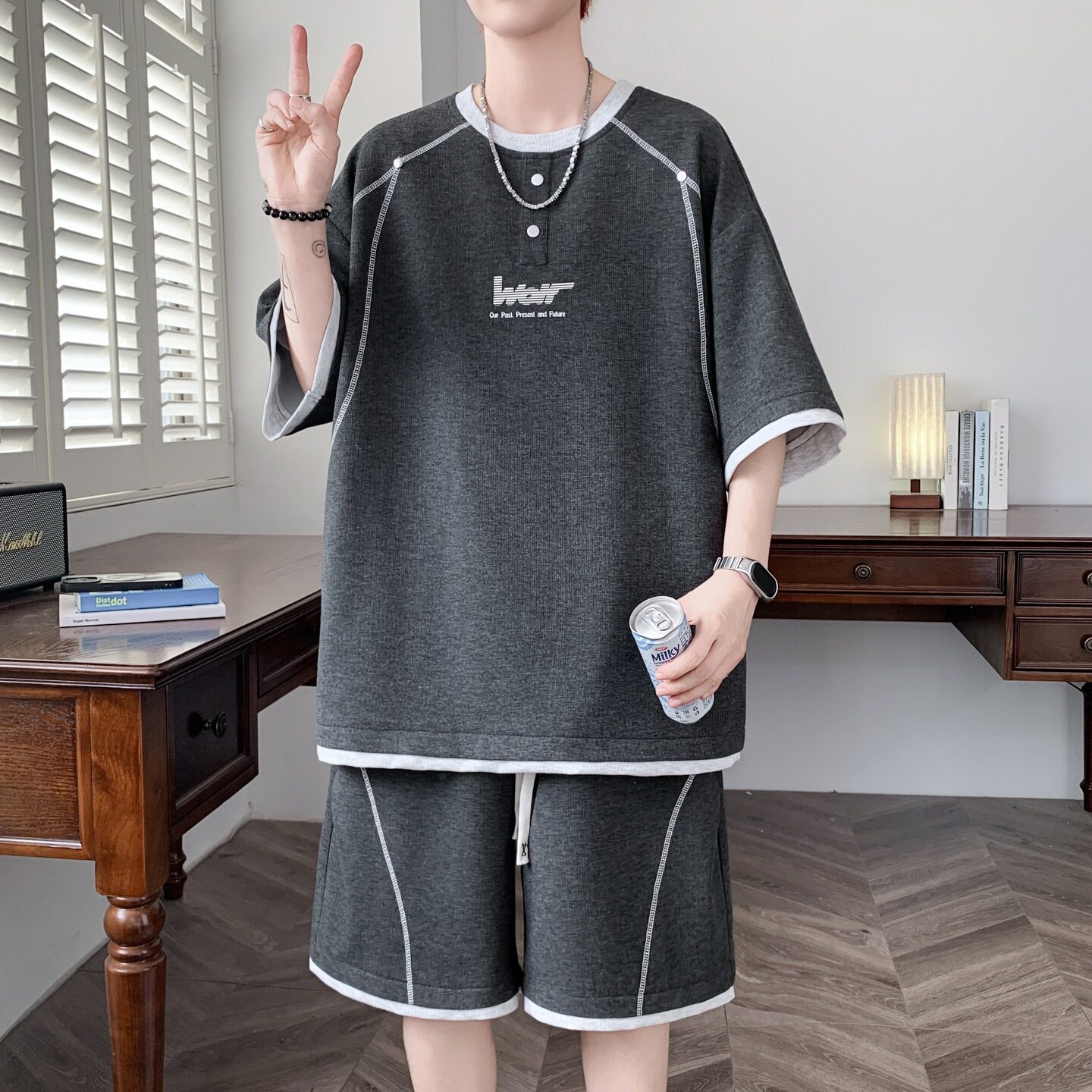 青少年夏季冰丝短袖t恤男生高中初中生篮球衣服大童休闲运动套装