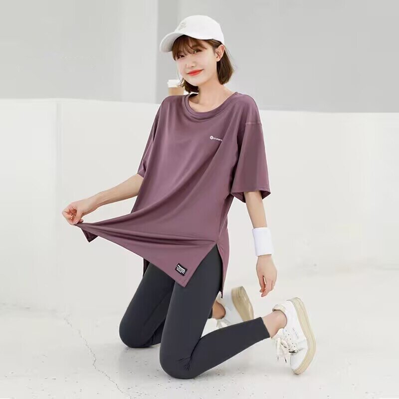 健身服短袖速干过臀长款跑步运动套装女T恤大码胖mm宽松瑜伽上衣