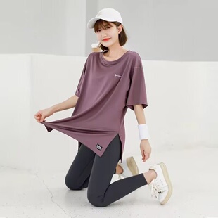 健身服短袖速干过臀长款跑步运动套装女T恤大码胖mm宽松瑜伽上衣
