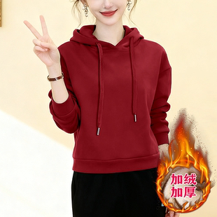 保暖上衣减龄新款 女士洋气宽松连帽卫衣加绒加厚秋冬休闲外套 时尚