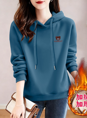 宽松连帽2025时尚新款洋气女士上衣印花秋冬加绒加厚外套休闲卫衣