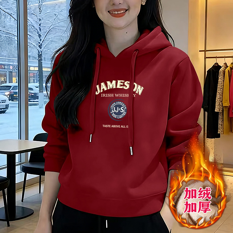 宽松时尚加厚洋气女士新款中年印花休闲连帽外套长袖卫衣加绒上衣