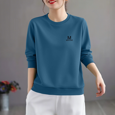 简约新款洋气宽松大码休闲时尚长袖上衣圆领秋冬加绒加厚女士卫衣