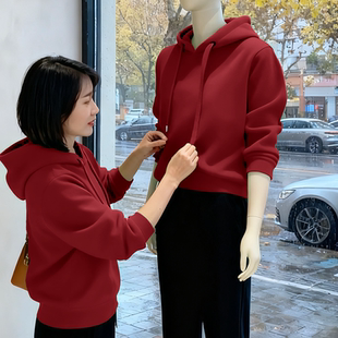 连帽卫衣 通勤秋冬休闲上衣减龄宽松中年纯色洋气加厚女士加绒新款