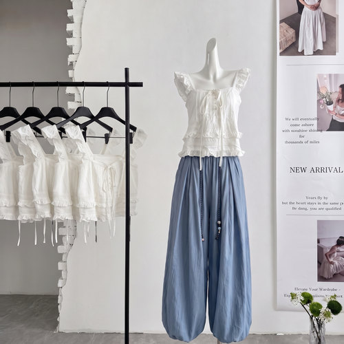 ifashion白色荷叶边吊带背心女夏法式系带设计感无袖绝美外穿上衣