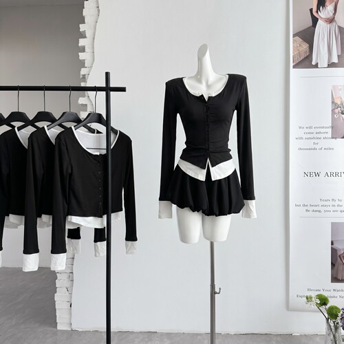 ifashion自制新款 晨昏节拍 黑色假两件撞色上衣女早秋针织上衣