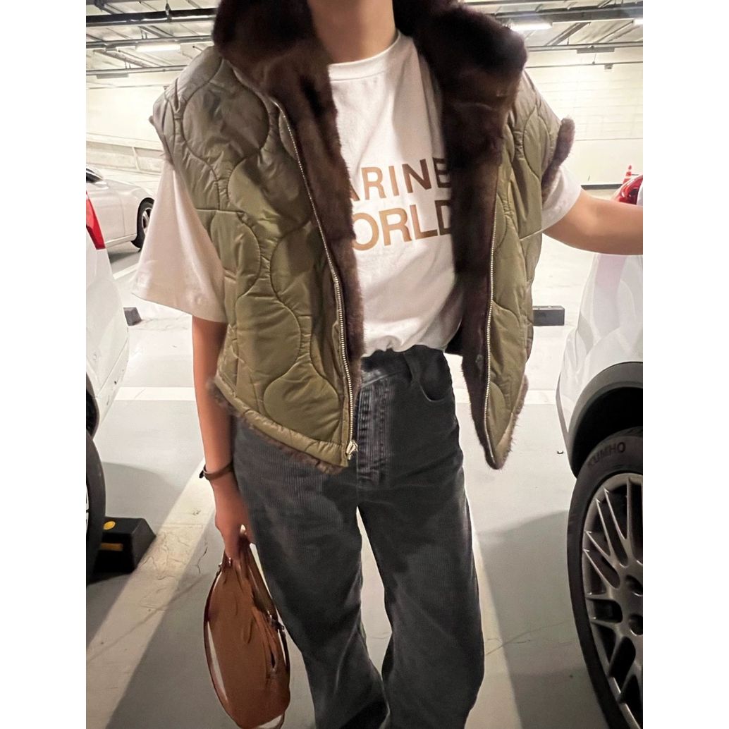 ifashion自制韩国东大门秋冬两面穿棉服马甲水貂毛短皮草外套女