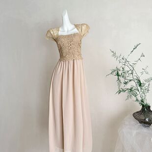 ifashion自制新款2026年小飞袖方领蕾丝拼接设计长裙连衣裙