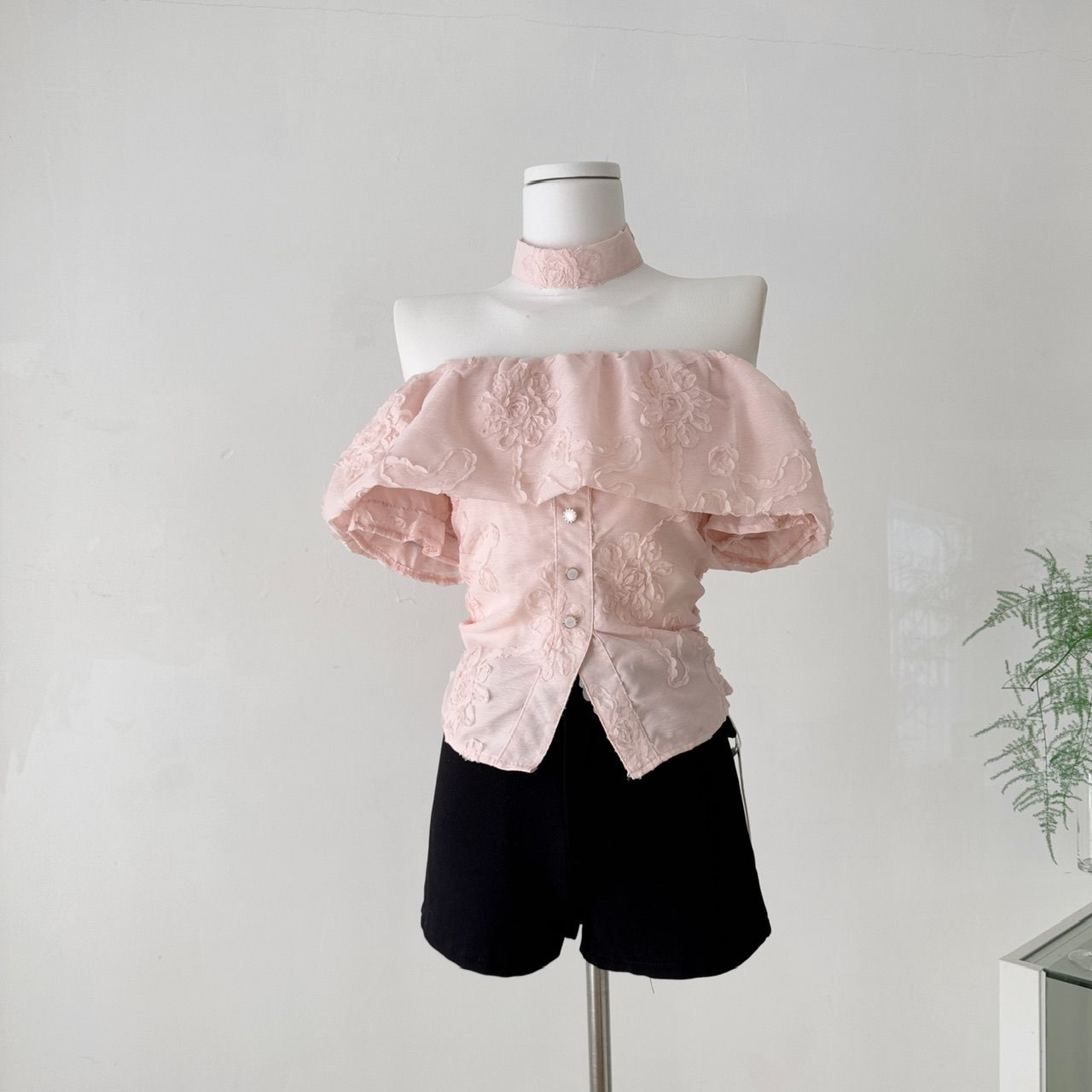 ifashion自制2025新款夏季新款百搭修身花朵一字肩粉色露肩上衣女