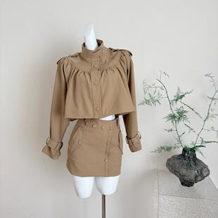 ifashion自制都市时髦精英伦抽皱短款高腰风衣外套半裙套装