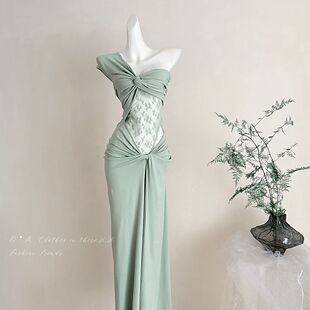 ifashion豆绿色礼服裙斜肩海边度假蕾丝绝美三亚法式长裙连衣裙女