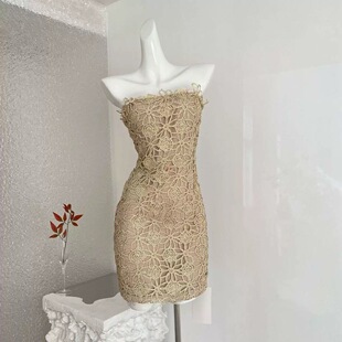 ifashion 鎏金逐影 蕾丝抹胸连衣裙女春露背短裙纯欲性感包臀裙子