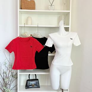 ifashion自制新款休闲圆领短袖上衣女简约百搭小马图案刺绣T恤