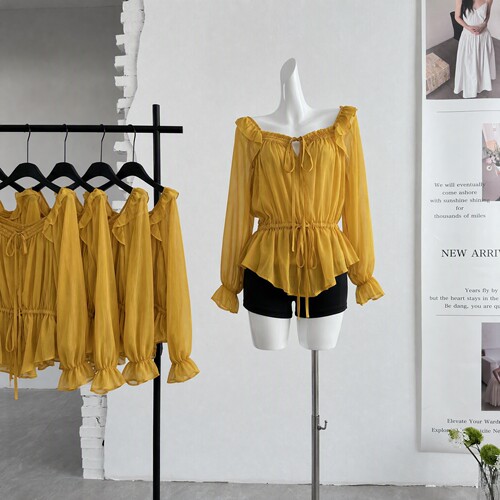 ifashion自制法式肌理系带上衣早秋女荷叶边方领系带人丝长袖罩衫