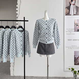 ifashion自制绿色波点针织开衫外套女秋季韩系短款毛衣设计感上衣