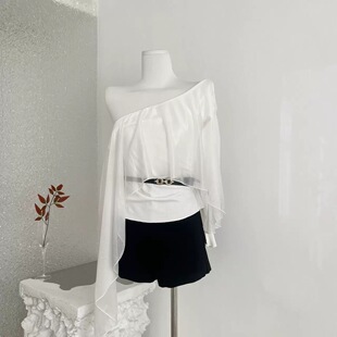 ifashion自制新款设计感立体剪裁一字肩雪纺衫女秋季长袖上衣