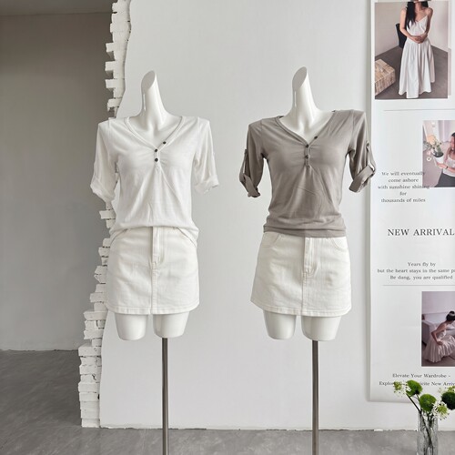 ifashion天丝棉短袖T恤女夏V领半开襟卷边显瘦气质韩系七分袖上衣
