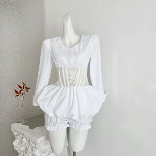 ifashion早春夏白色高级感收腰显瘦长袖短款衬衫裙漂亮掐腰连衣裙