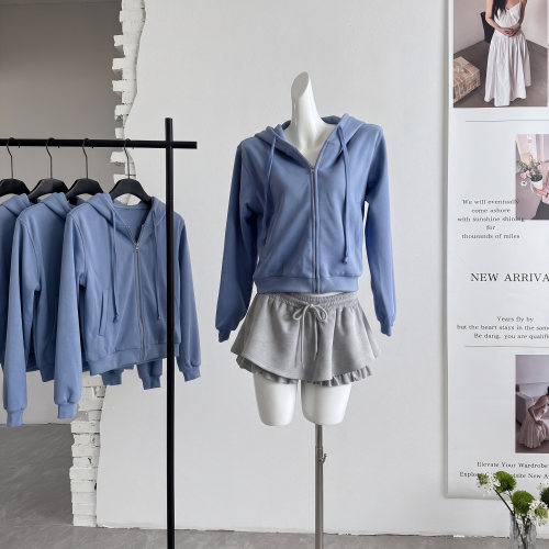 ifashion美式复古纯色拉链连帽卫衣女秋季慵懒风显瘦短款开衫外套