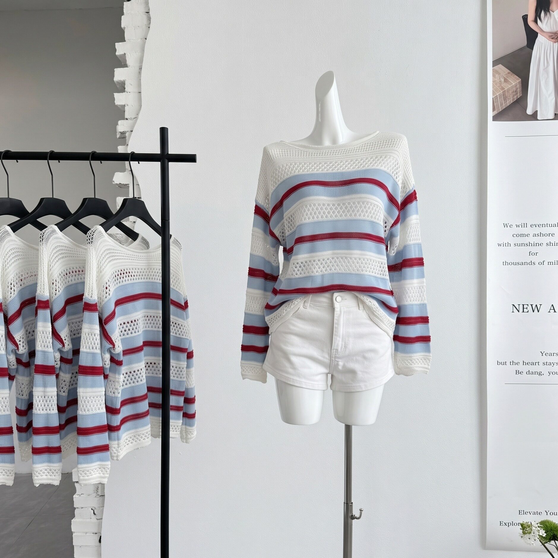 ifashion韩系红蓝撞色镂空条纹针织衫女早秋宽松慵懒休闲长袖上衣图片